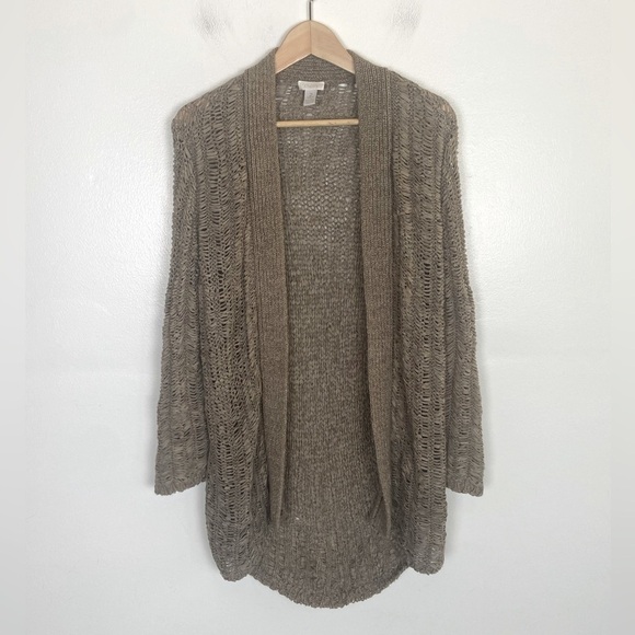 Chico's Crochet Open Knit Cardigan Size 2 US L Tan Beach Open Front Long Sleeves - Picture 2 of 9